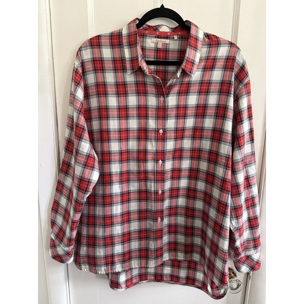 Barbour Hauxley Shirt Top Size US 10 Cloud Check Button Up Red Roll Tab Women